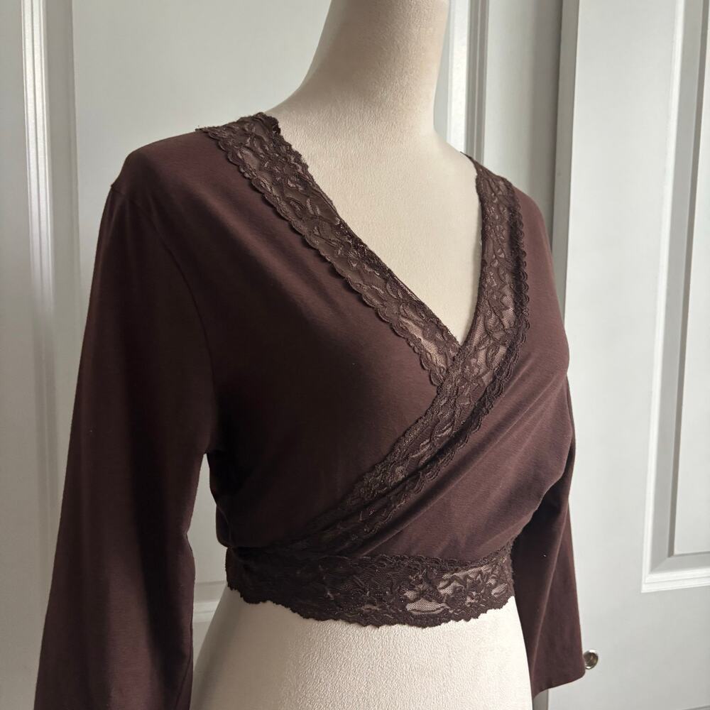 Y2K Brown Wrap Top Lace Balletcore Soft Girl Cropped L Ballerina Jason Maxwell - Picture 3 of 12